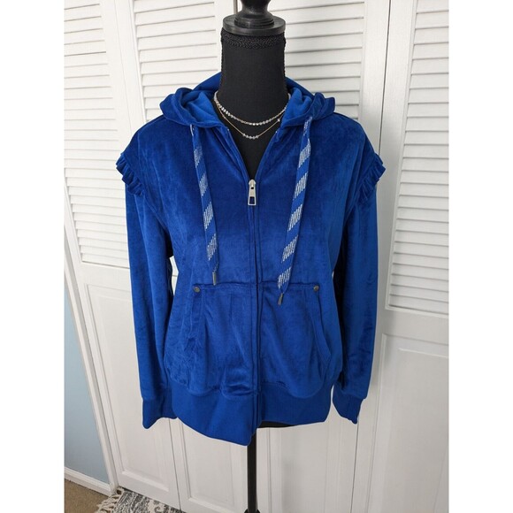 Electric Blue Velour Jacket Women L Retro 80s Vibes Hood Zip Ruffle Skater Disco - Picture 1 of 15